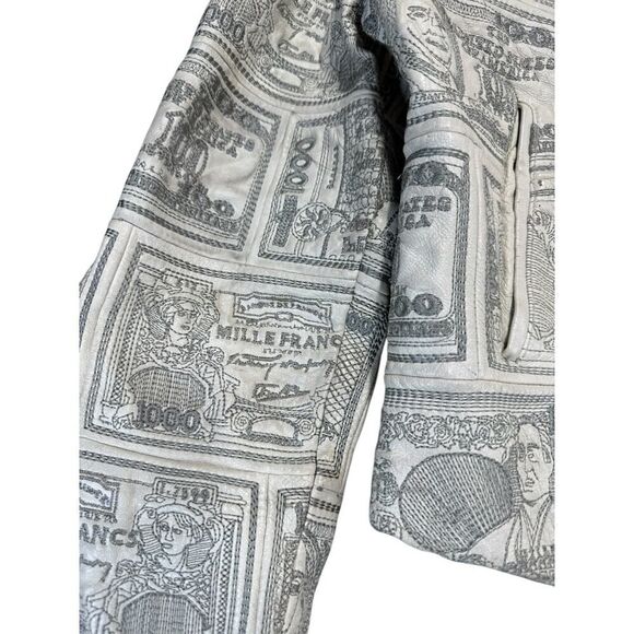 VTG RARE 90s Pelle Moda White Leather Money Print Jacket Sz L Currency $$$ - Picture 3 of 16